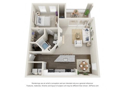 Floor plan for 1 bed, 1 bath, 888 sqft